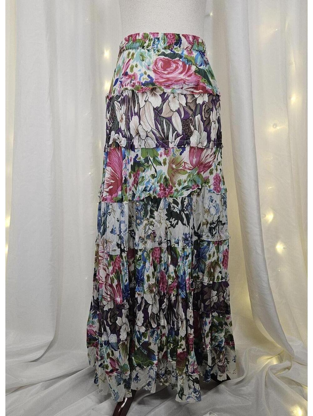 Vintage y2k new direction 100% cotton cottage core floral tiered maxi skirt med